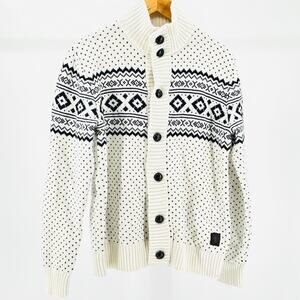Ben Sherman Fair Isle White Navy Ivory Cotton Merino Wool Cardigan Sweater